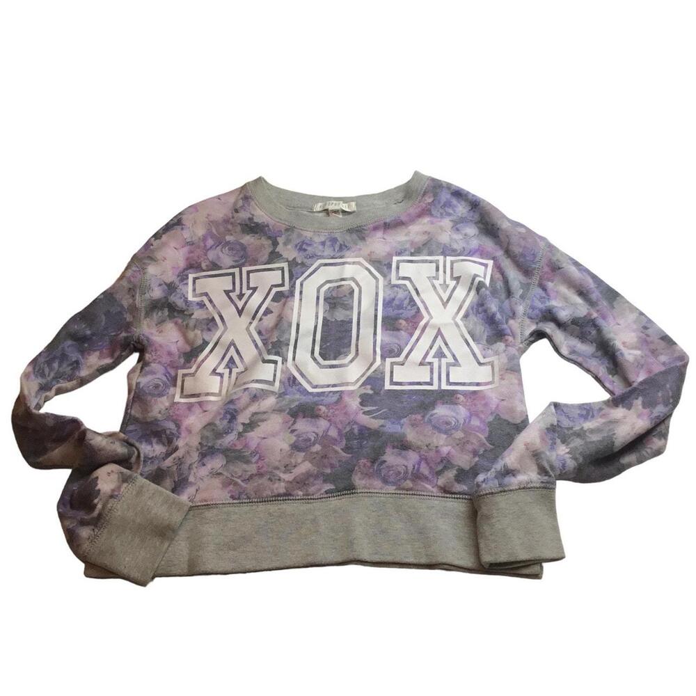 Cropped Sweatshirt Floral Women XS Purple Gray Y2K Crewneck Collegiate Style